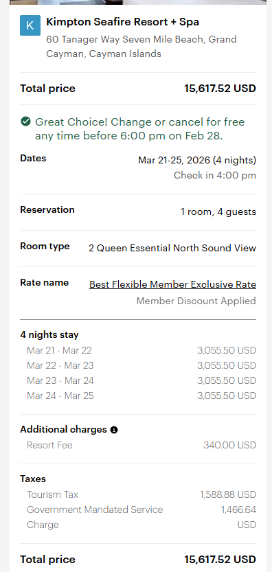 Kimpton Seafire cash booking quote: $15,617.52 for 4 nights