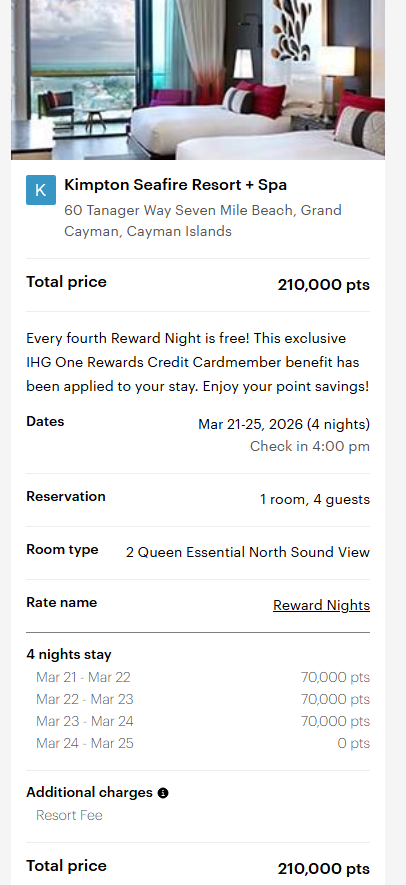 Kimpton Seafire points booking: 210,000 IHG points for 4 nights with 4th night free